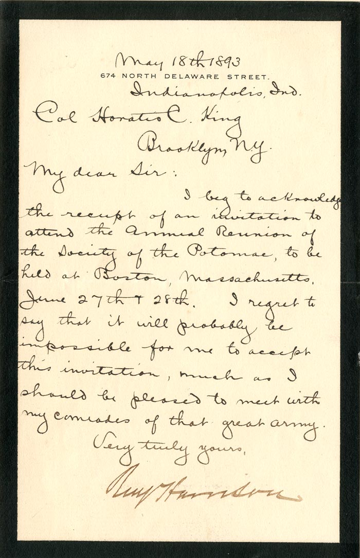 Benjamin Harrison signed note
